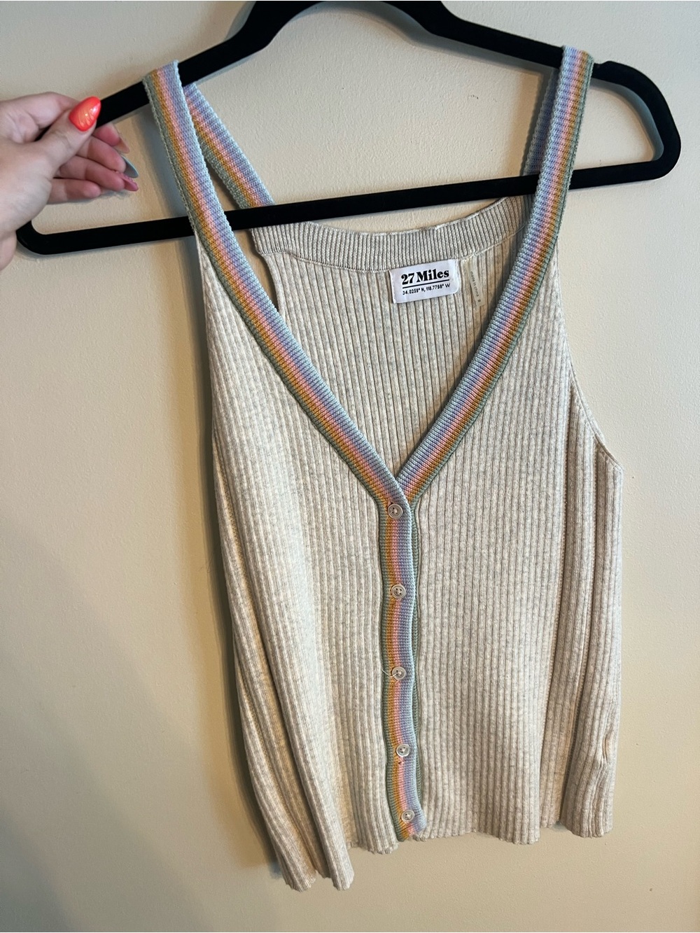 27 Miles Malibu cotton Cream Ribbed Tank with Rainbow Trim